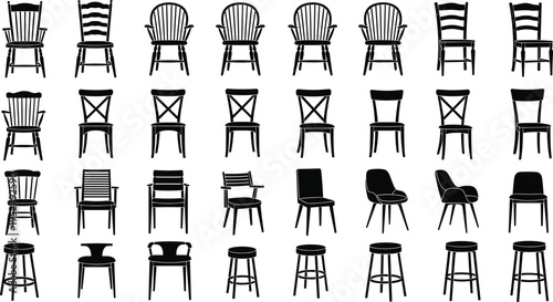 Chair silhouette collection furniture set, various seating styles icons isolated, home interior design elements, cad drawing flat vector illustration