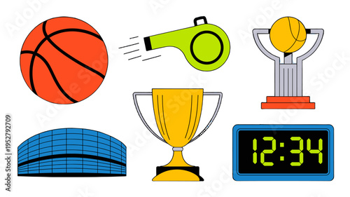 Basketball related objects includes basketball, whistle, stadium, trophy, timer.
