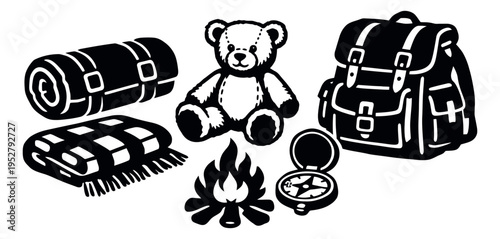 Hand drawn line art camping set featuring a sleeping bag, blanket, teddy bear, backpack, campfire, and compass for outdoor adventure
