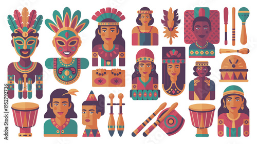 Illustration of colorful indigenous people and artifacts, representing diverse cultures and traditions.