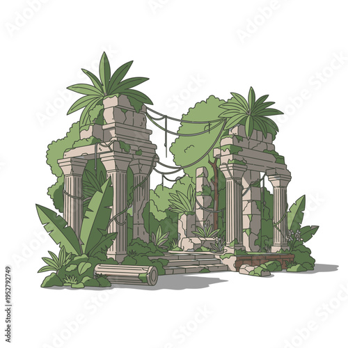 Ancient Jungle Ruins Overgrown with Lush Greenery.