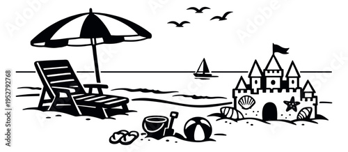 Simple line art illustration of a beach scene depicting a sandcastle, umbrella, and chair for summer vacation