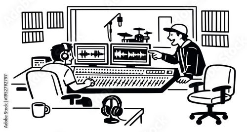 Hand drawn illustration of two men in a music studio depicting collaboration and audio production for music industry content