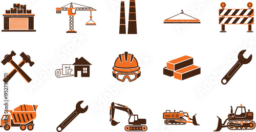 Construction icons vector set with tools, machinery, crane, bricks, helmet and industrial symbols, building and engineering illustration