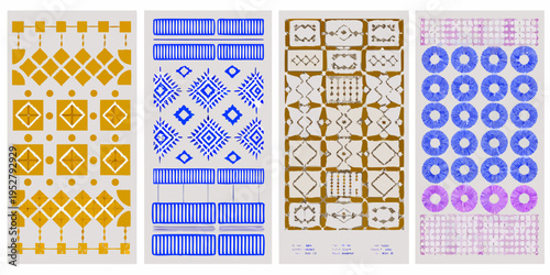 Four elongated panels display repeating geometric patterns in various colors