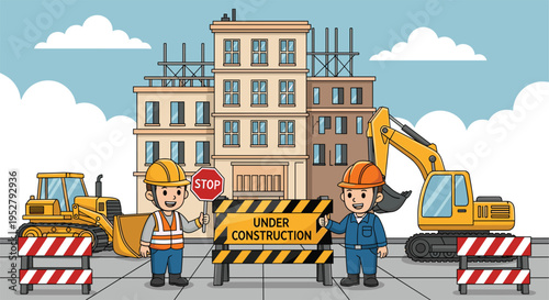 Under construction site vector illustration with workers, excavator, bulldozer, building and warning sign, urban development concept