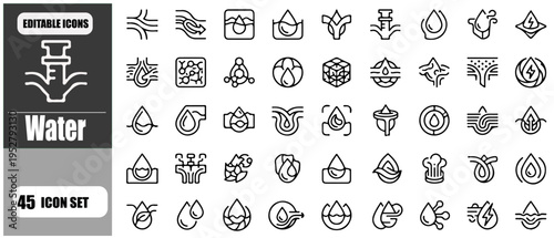 Water Icon Set Complete Collection of Outline Symbols for Liquid Hydration Purification Environment and Ecology Featuring Droplets Wells Rivers Bottles Hygiene Conservation Energy Meteorological and F