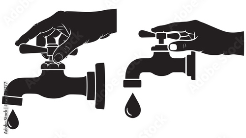 Hand Turning Off Faucet Icon — Water-Saving Minimal Black-and-White Solid Silhouette, Flat Vector, Isolated On White