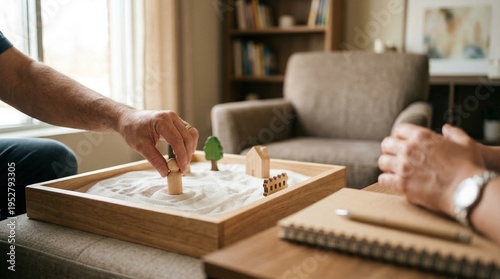 Adult Patient Hands Using Miniatures in Sandplay Therapy Session with Counselor