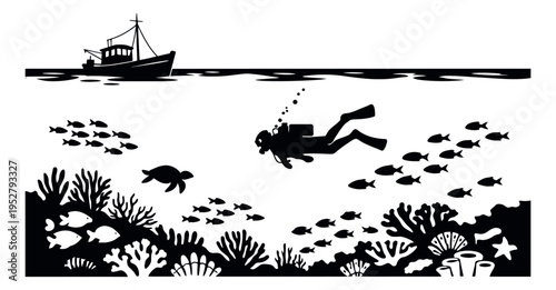 Stylized silhouette illustration of an underwater scene depicting a diver swimming among marine life for ocean adventure
