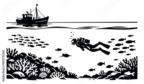 Bold illustration of an underwater scene depicting a scuba diver swimming with fish and coral for marine exploration