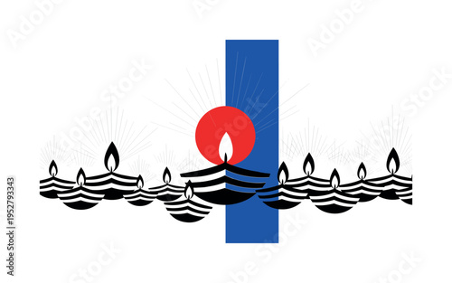 Black and white row of diyas arranged rhythmically across the frame, bold blue vertical stripe dividing composition, red circular accent overlapping the