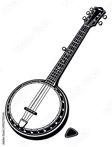 Line art illustration of a banjo and pick depicting a traditional string instrument for musical themes