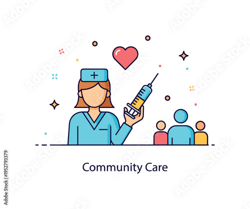 Community health outreach concept featuring a healthcare worker silhouette holding a syringe icon with a heart above. Subtle sparkle accents and a gentle