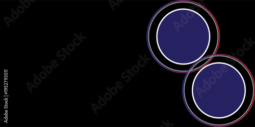 Modern abstract background featuring a minimalist central dark blue circle surrounded by glowing white and multi-colored orbital rings on a solid black backdrop. modern design