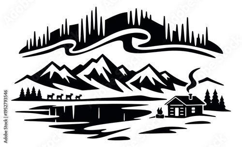 Stylized graphic illustration of a winter landscape depicting a cozy cabin, aurora borealis, mountains, and a dog sled team for adventure travel branding