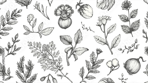 Vector template featuring a classic hand-drawn black and white illustration with intricate engravir style lines, showcasing rural botanical drawings of organic food ingredient