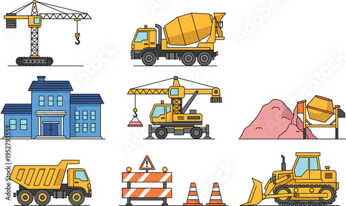 Construction machinery and building elements vector set with crane, cement mixer, dump truck, bulldozer and house illustration