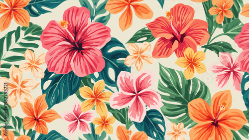 Vector template pattern of colorful tropical flowers with flat design, featuring blooming hibiscus and plumeria in a stylized arrangement, with bold lines