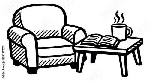 Hand drawn line art illustration of a reading corner depicting comfort and leisure for home decor