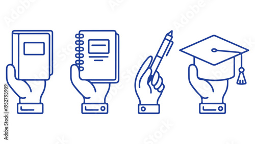 Hands holding education icons book notebook pen and graduation cap