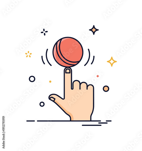 Ball spinning on a finger or hand with small motion marks, highlighting skill, playfulness, and dexterity. Minimalist flat vector illustration, compact