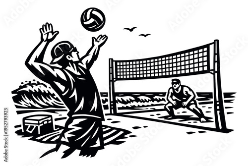Bold graphic illustration of beach volleyball players depicting an action shot for summer sports