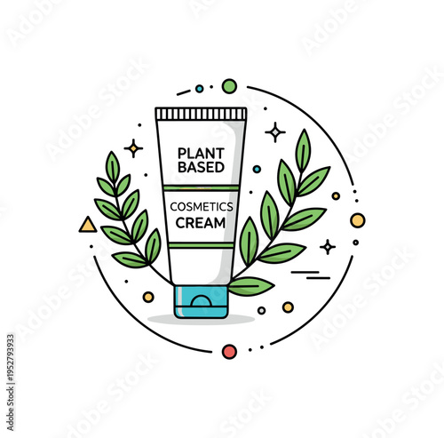 Plant based cosmetics cream tube paired with botanical sprigs arranged into a balanced circular badge. A clean and confident concept about transparency and