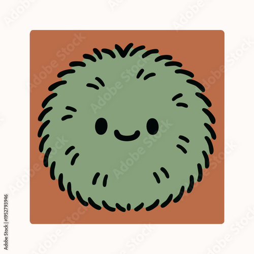 A round, green, and fuzzy cactus character with a tiny cute smiling face, presented in a minimalist flat design style.