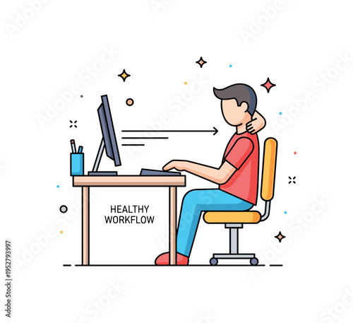 Ergonomic productivity scene featuring a clean desk with screen at proper distance and a figure typing with relaxed shoulders. A small ?Healthy Workflow? text