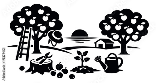 Graphic gardening and orchard set featuring apple trees, harvesting tools, and growing plants for farm life and horticulture