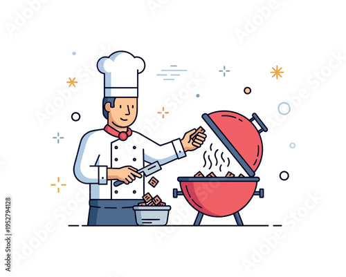 Chef demonstrating smoking techniques with wood chips and a closed barbecue lid, creating aromatic smoke and emphasizing slow cooking and flavor mastery.