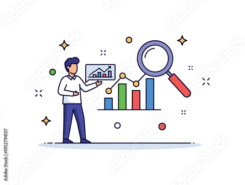 Data science researcher reviewing a floating graph and magnifying glass symbol, capturing analysis and evidence based conclusions. The clean composition