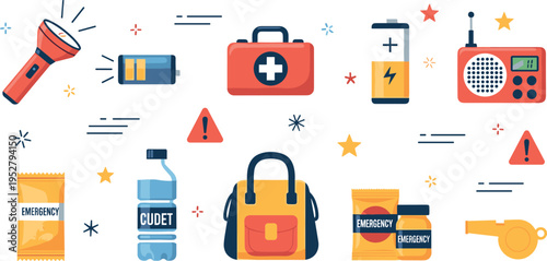Emergency Kit and Survival Equipment Illustration Set with First Aid, Flashlight, Radio and Safety Tools