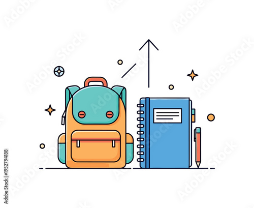 Campus lifestyle backpack and notebook arranged neatly with subtle upward arrow icon. A compact visual metaphor for ambition, learning, and future aspirations.