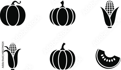Autumn harvest icons: pumpkins, corn, watermelon slice - seasonal food graphics