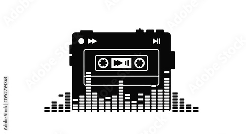 Cassette tape icon sits above a digital sound wave equalizer to represent retro audio recording and music production.