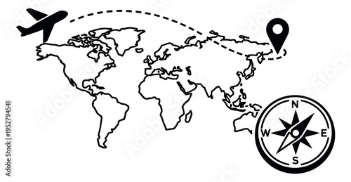 Line art illustration of a world map depicting an airplane traveling a dashed route with a destination pin and a compass for global journey and navigation concepts
