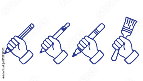 Hands holding various art tools pencils pens and a paintbrush