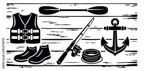 Silhouette outdoor gear set featuring a life jacket, paddle, fishing rod, anchor, boots, and fishing line for water sports and recreation