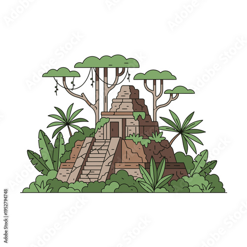 Ancient Mayan Pyramid Temple in Lush Jungle Overgrowth.