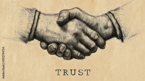 Artistic charcoal and pencil illustration of two hands shaking under the word TRUST symbolizing honesty, cooperation, and reliable partnership.
