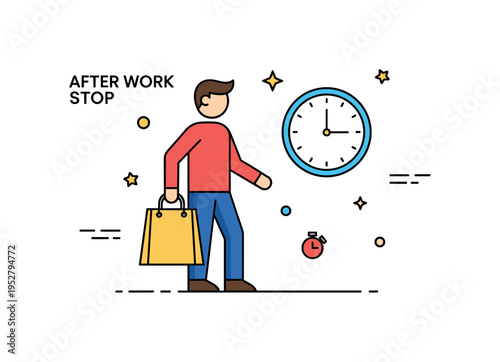 After work grocery stop illustrated by a figure holding a single shopping bag and a small clock icon suggesting evening errands, expressing routine and time