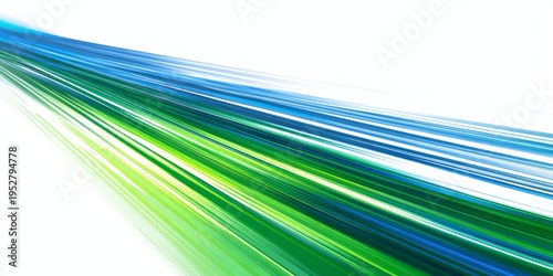 Dynamic streaks of blue and green light flow across a white background.
