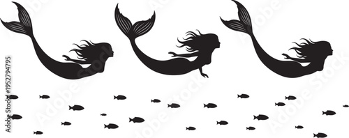 Elegant mermaid silhouette vector illustration, mythical sea goddess with long flowing hair and detailed fish tail, isolated on white background, aquatic icon.