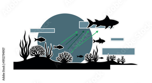 Black and white coral reef scene simplified into layered silhouettes of algae, fish, and larger predator, large muted blue circle behind symbolizing ocean