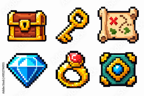Pixel art game items including treasure chest, key, map, diamond, and ring elements