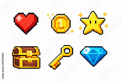 Pixel art video game items showing heart, coin, star, treasure chest, key, and diamond