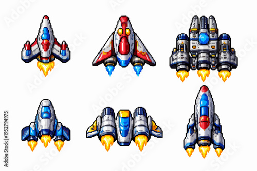 Pixel art spaceship vehicles for retro arcade game designs, flying cartoon icons