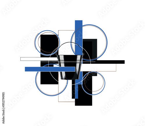 Black and white metal bucket placed centrally, intersected by abstract rectangular shapes and circular halos representing water and utility, balanced